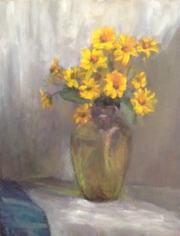 Mock Sunflowers in antique green glass vase. Still life oil painting from life with flowers from my 