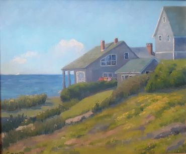 oil painting of Monhegan Island , ME.
Houses on Hill overlooking the  ocean.with towels on the cloth