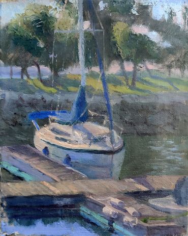 Sailboats docked oil paintings   Plein air painting.  Cove Marina Stamford CT