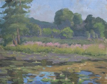 Blue Pond and Water Lilies,  oil on linen on board. plein air painting, Ringwood Manor 