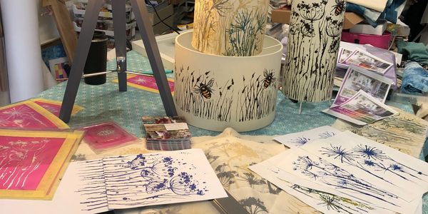 Screen printing onto fabric then made into lampshades
