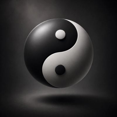 A 3D yin-yang symbol floating against a dark background.