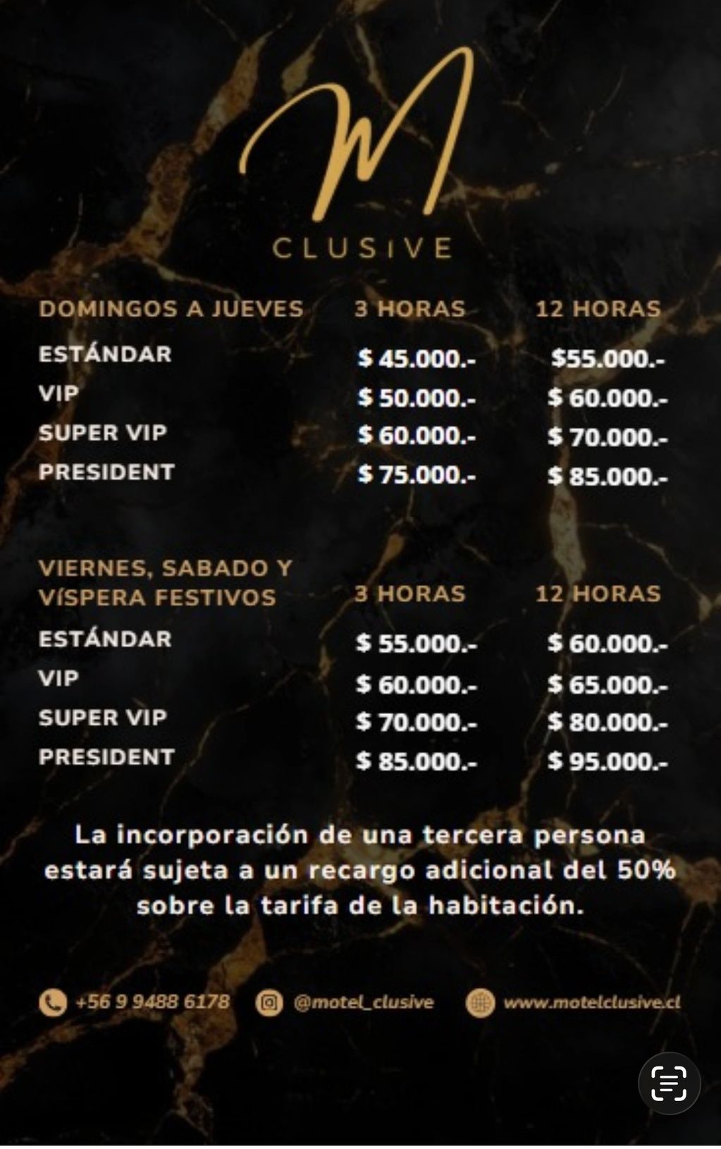 Tarifas de habitaciones del Motel Clusive para diferentes días y duraciones.