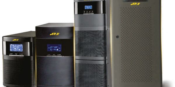 Four black and gray uninterruptible power supply (UPS) units of varying sizes.