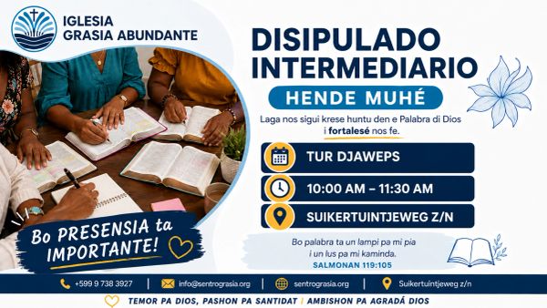 Church event for intermediate discipleship session with date, time, and location details.