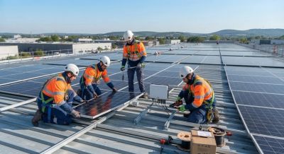 Équipe installant des panneaux solaires sur un toit.