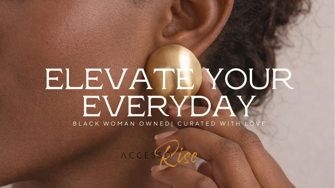 Close-up of a Black woman wearing a bold gold earring, promoting a Black woman-owned brand.