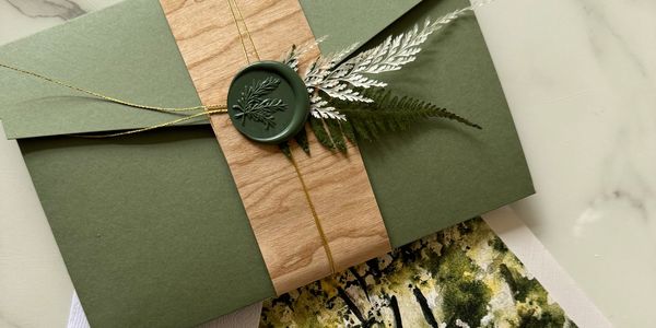 Elegant green envelope with botanical wax seal and gold string.