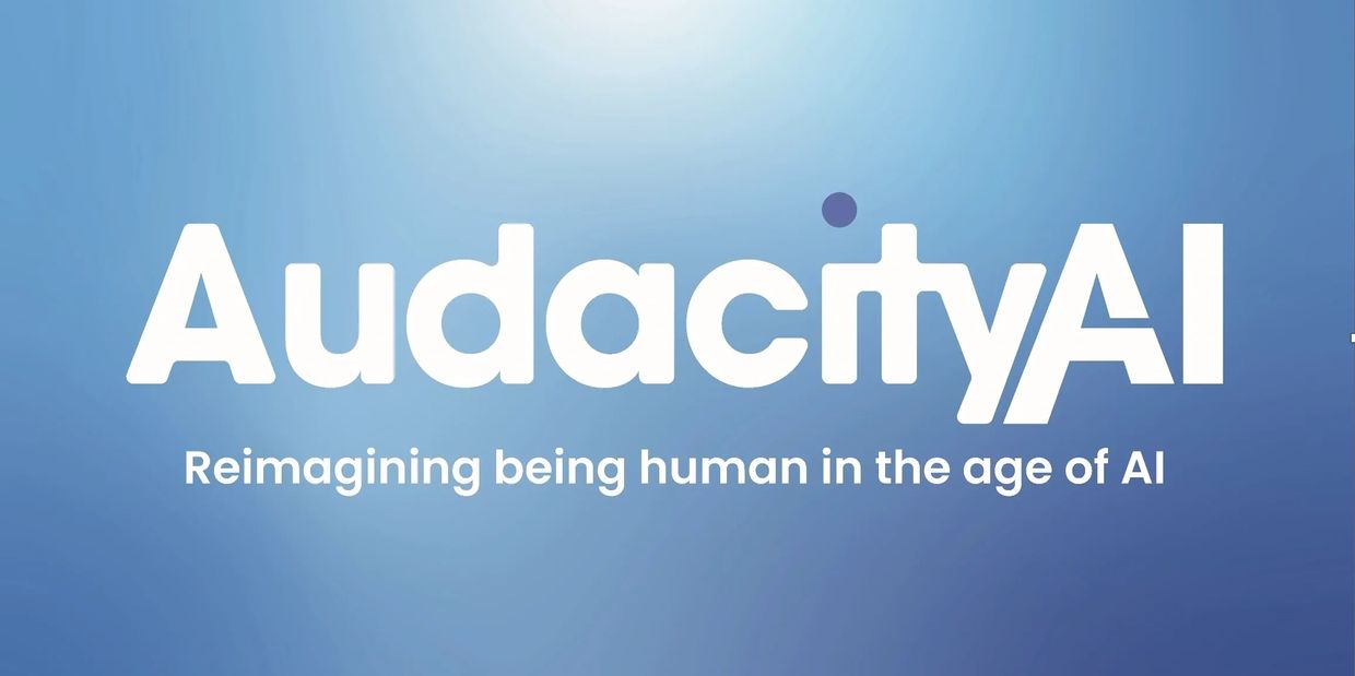 AudacityAI logo with tagline about reimagining humanity in the AI era.