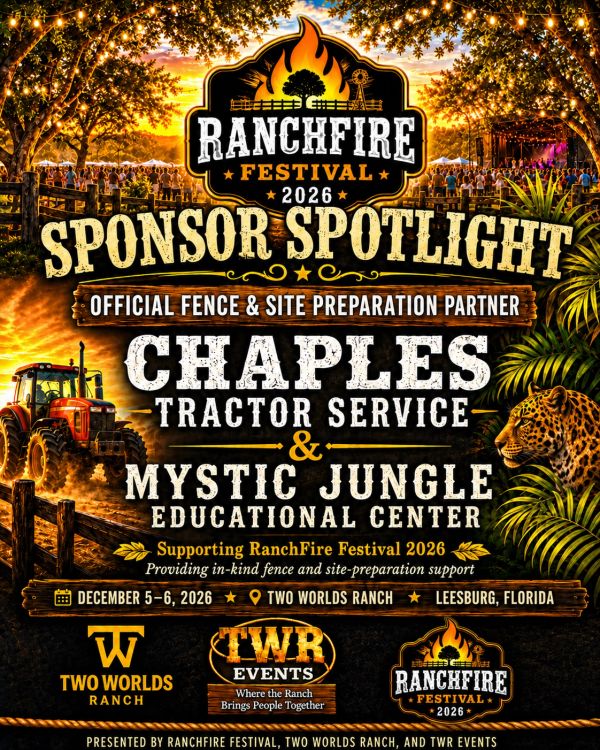 RanchFire Festival 2026 sponsor spotlight poster with vibrant sunset and event details.