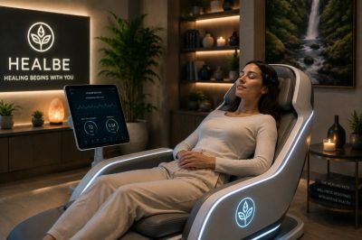 Woman relaxing in a high-tech wellness chair with HEALBE branding.