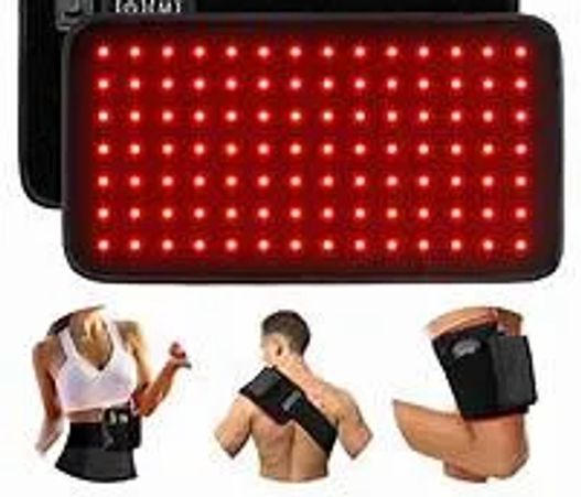 Red LED light therapy pad with adjustable straps for different body parts.