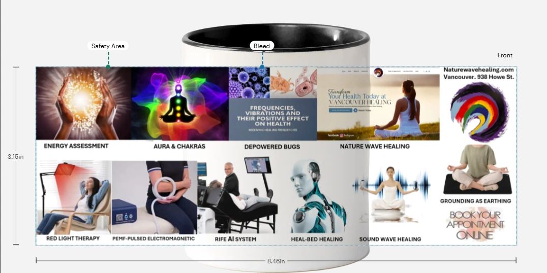 Mug featuring various holistic healing methods and therapies with vibrant images and text.