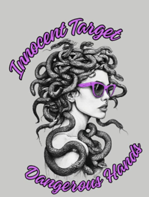 Artistic depiction of Medusa with snakes as hair, wearing purple glasses.