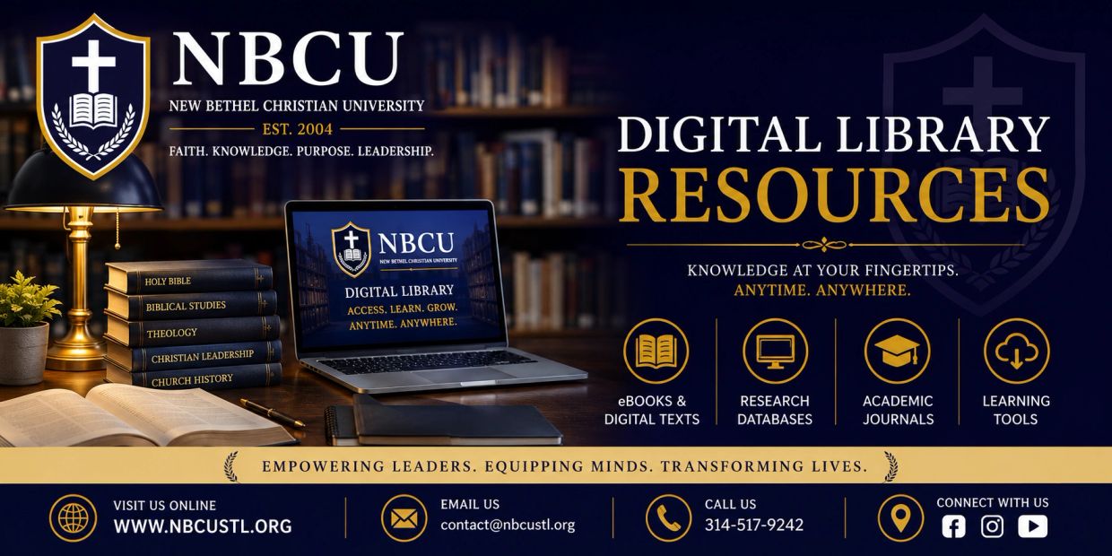 New Bethel Christian University digital library resources advertisement.