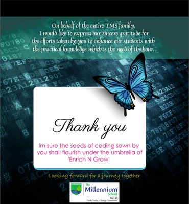 Thank you message from The Millennium School with a blue butterfly and coding background.