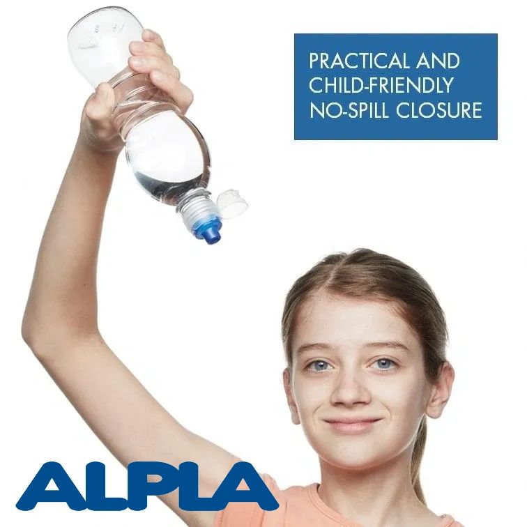 girl holding a bottle of water up side down, no-spill closure on the bottle