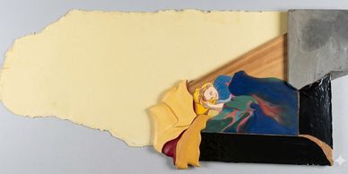 A woman sleeping peacefully on a bed, depicted in a partially torn painting.