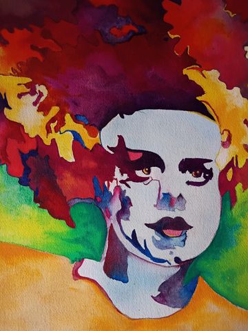 Colorful watercolor portrait of a woman with vibrant hair and expressive eyes.