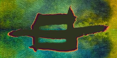 Abstract inkblot resembling a symbol on a textured green and yellow background.