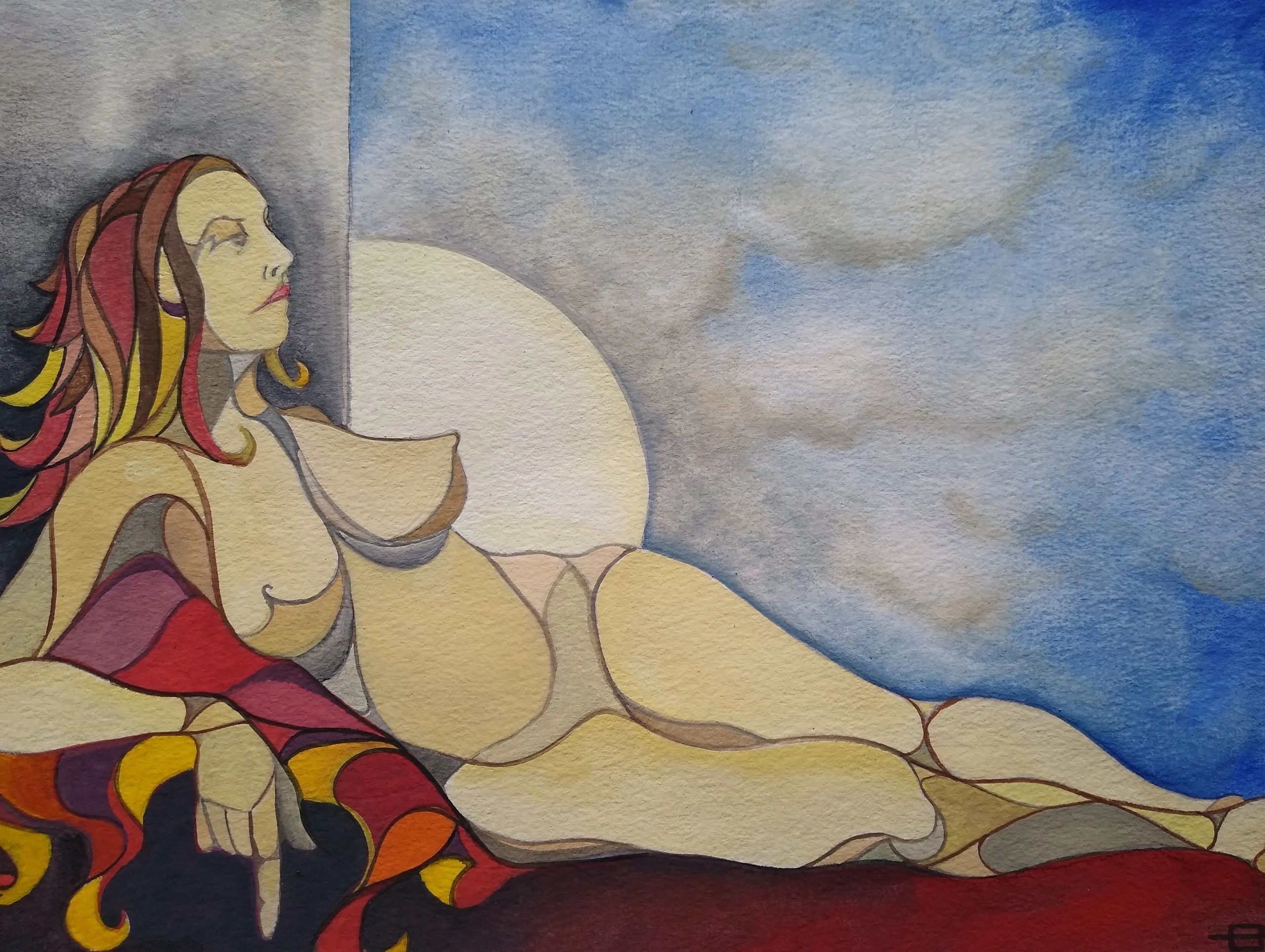 Abstract painting of a reclining woman with colorful hair against a blue sky.