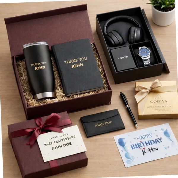 A personalized gift set with thank you tumbler, notebook, headphones, watch, and birthday card for John.