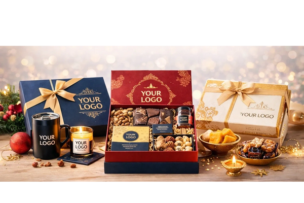 Luxury gift boxes and items with customizable logos, perfect for festive occasions.