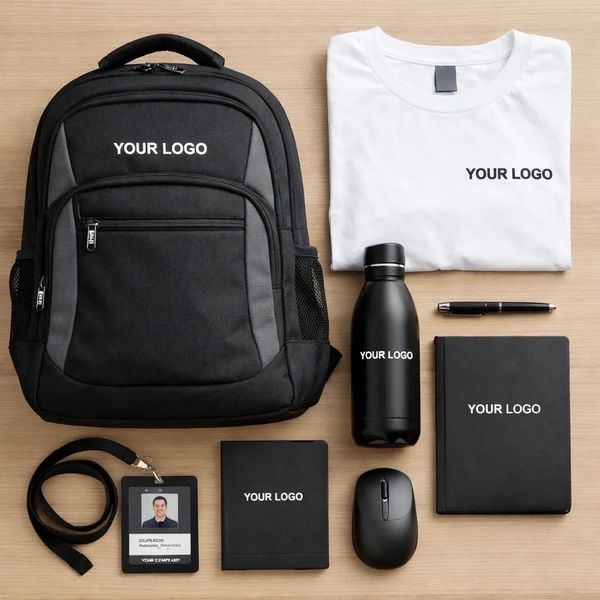 Black and white promotional items with 'YOUR LOGO' branding.