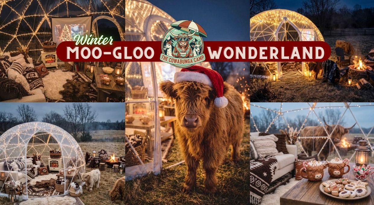 Cozy winter moo-gloo wonderland with festive cow in Santa hat.