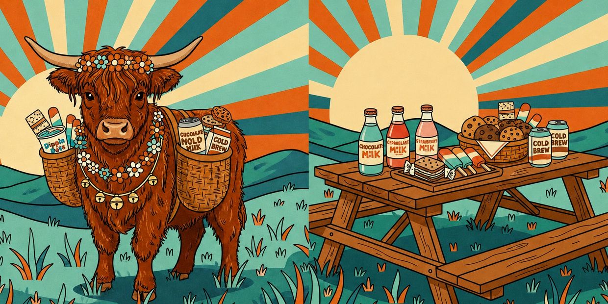 Illustration of a cow with baskets and a picnic table with drinks and snacks at sunset.