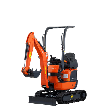 Compact orange Kubota mini excavator with tracks and arm.