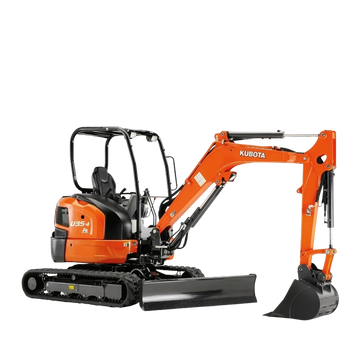 Orange Kubota mini excavator with a digging bucket and tracks.