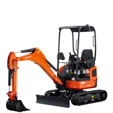 Compact orange mini excavator with a digging bucket and rubber tracks.