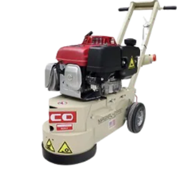 A concrete floor grinder with a red engine and beige body.