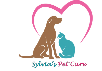 Logo of Sylvia's Pet Care with a dog, cat, and heart.