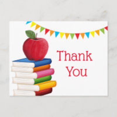 Thank you card with an apple on stacked books and colorful bunting.