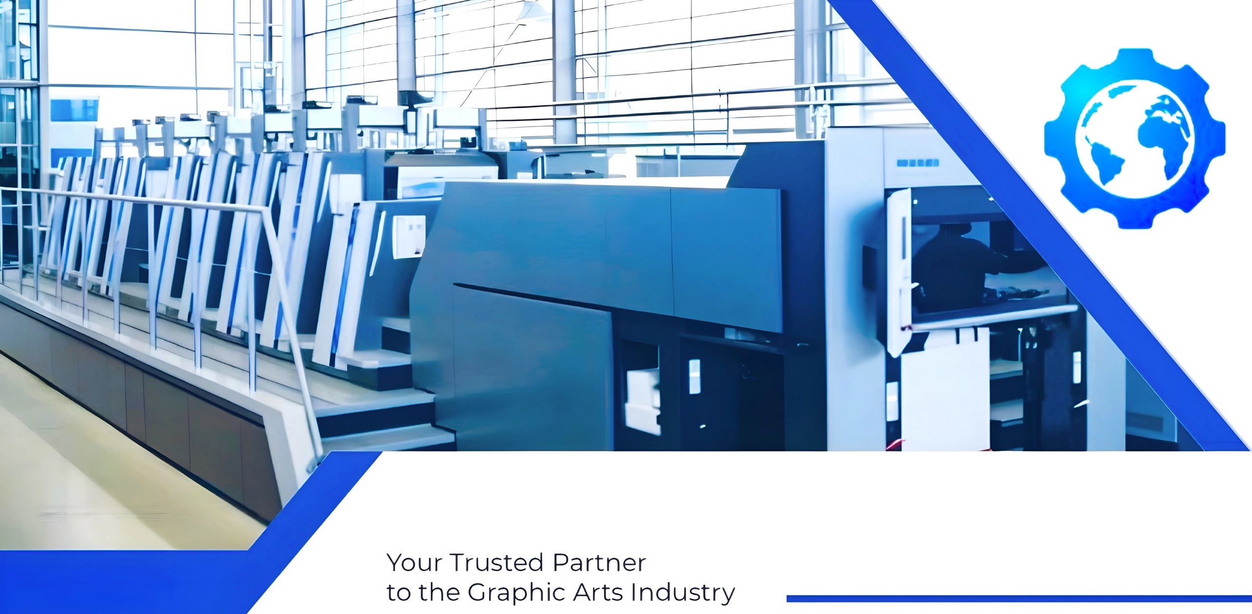 Modern printing machinery in a bright, high-tech graphic arts facility.