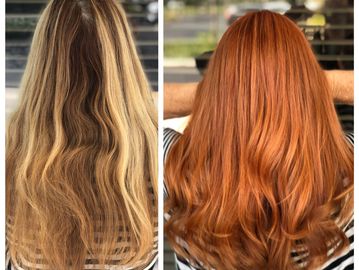 Copper Glazing and Base change hair color with No Bleach to create shiny, healthy hair