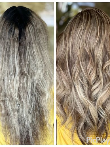 Before and after of what babylights technique with haircolor can add dimension to a blonde  