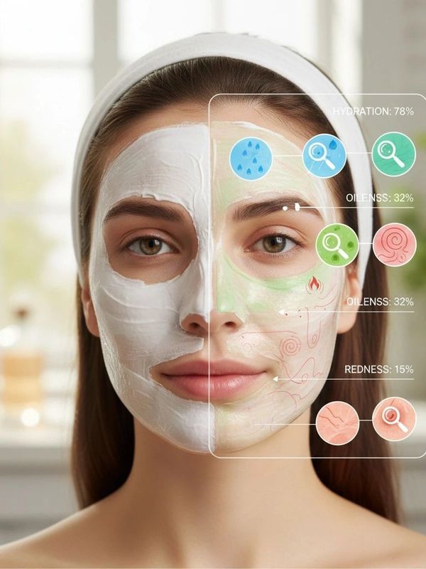 Woman with a facial mask and digital skin analysis overlay.