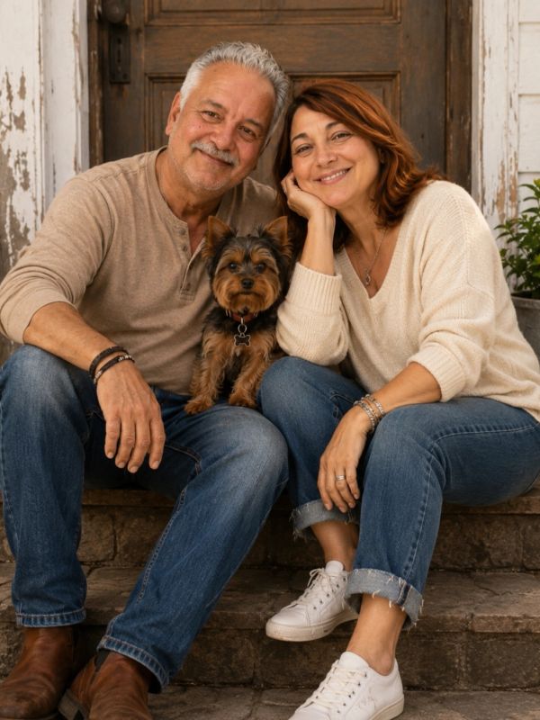 Smiling couple sitting on steps with their small dog.