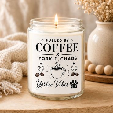 Candle with coffee and Yorkie-themed design.