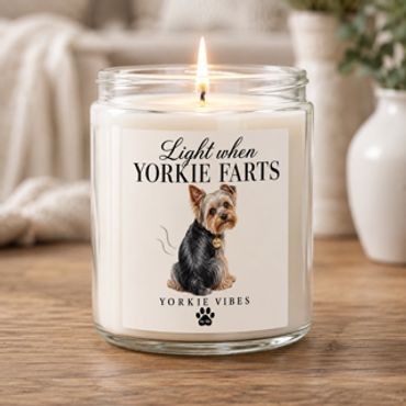 Candle with a humorous Yorkie dog label.