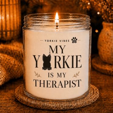 Candle with a Yorkie-themed quote.