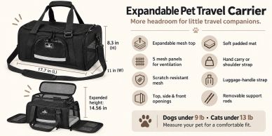 Expandable pet travel carrier with multiple features for comfort and ventilation.
