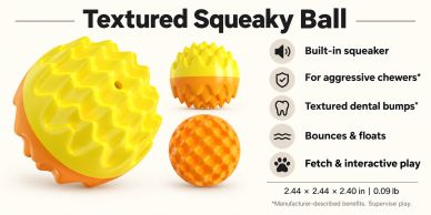 Textured squeaky ball for dogs with built-in squeaker and dental bumps.