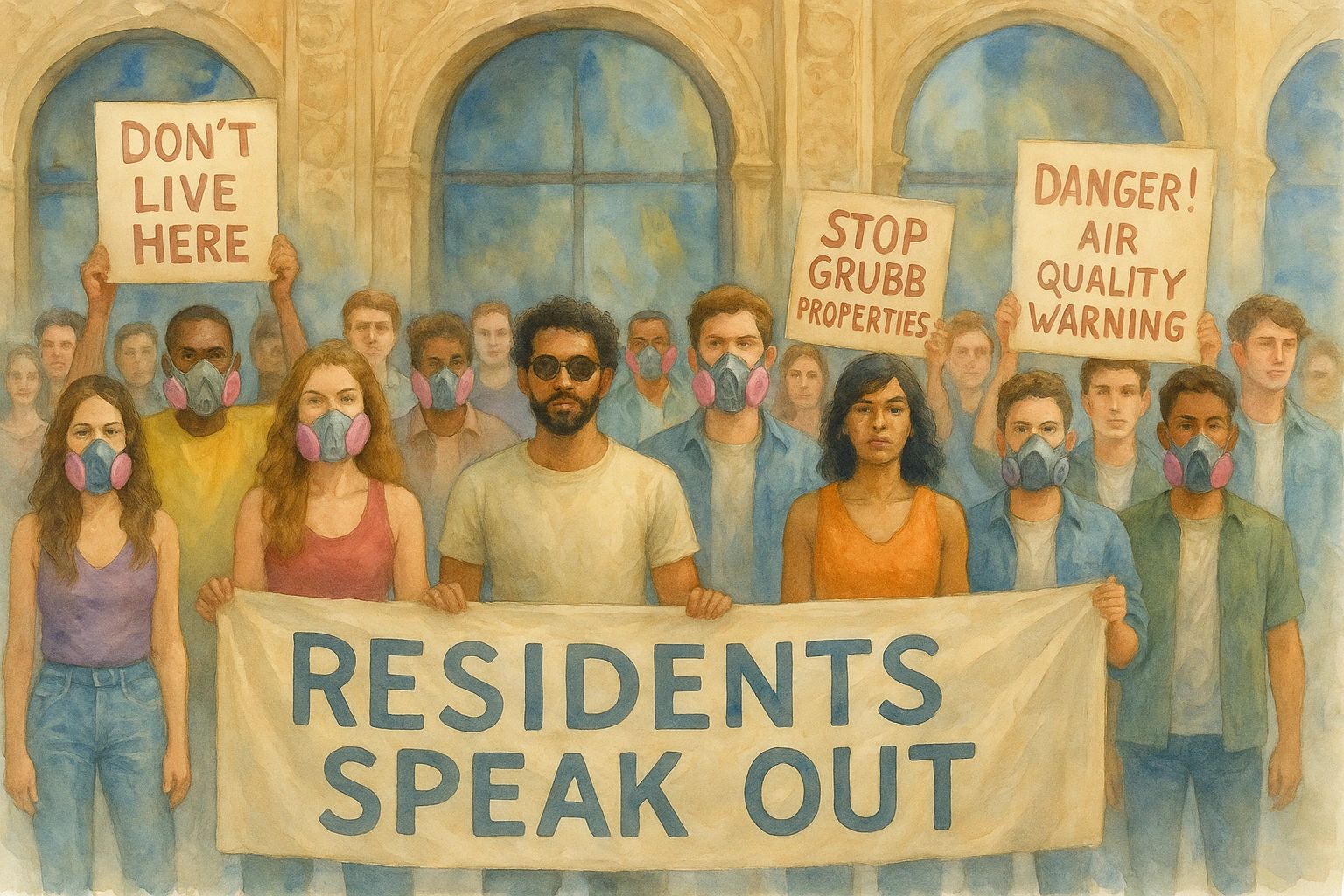 Residents protest air quality issues wearing masks with signs warning against living there.