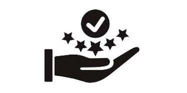 Hand holding stars with a check mark above, symbolizing quality or approval.