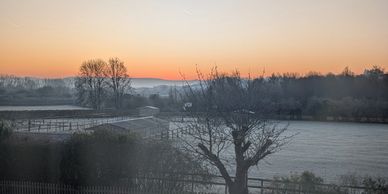Frosty morning landscape at sunrise with silhouetted trees and a clear sky.