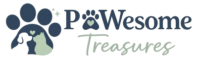Logo with a cat and dog silhouette inside a paw print and the text 'PetWesome Treasures'.